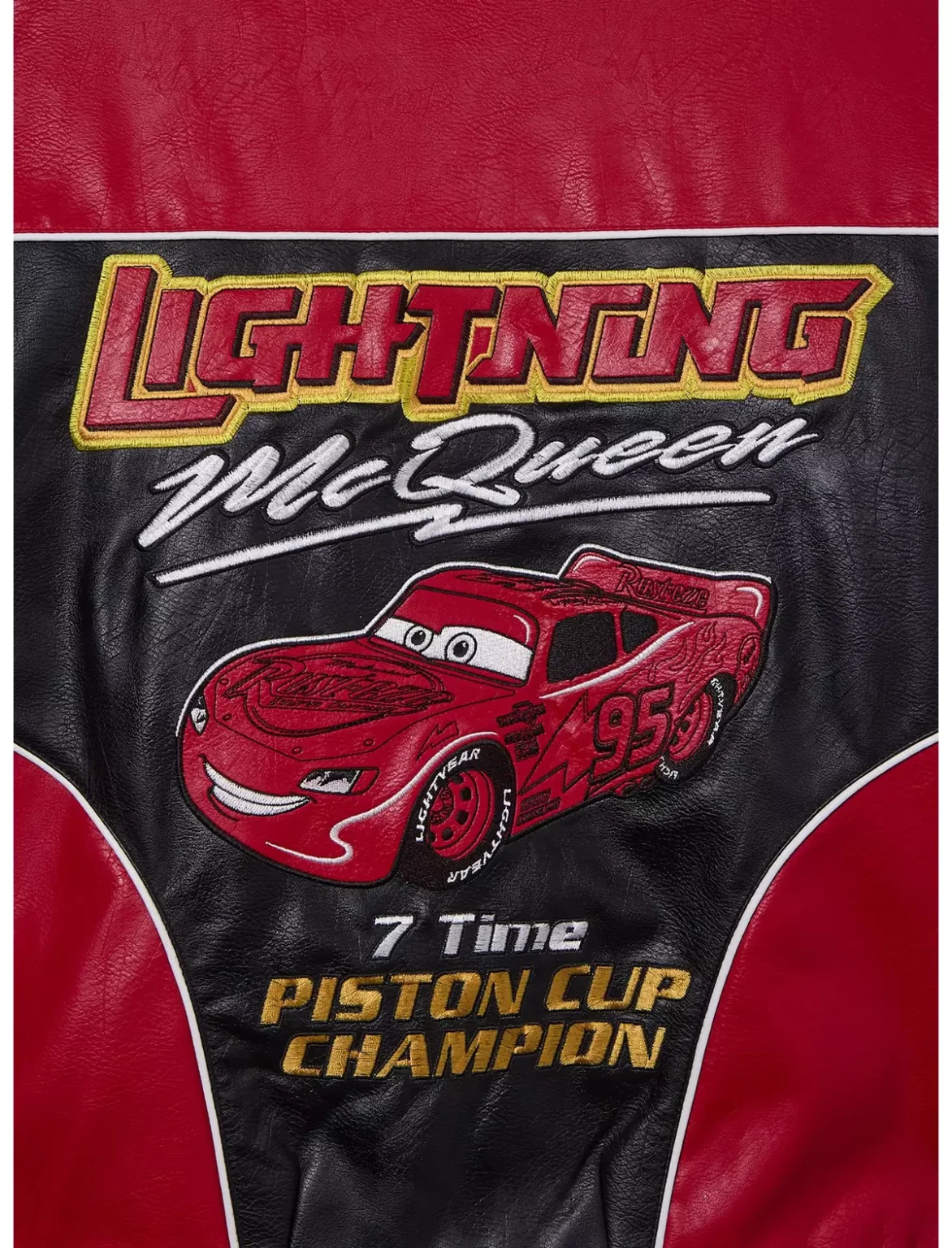 Buy BoxLunch Disney Pixar Cars Lightning McQueen Black and Red Leather Racing Jacket Front