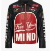 Buy Free Your Mind Black Leather Racing Moto Jacket Front View