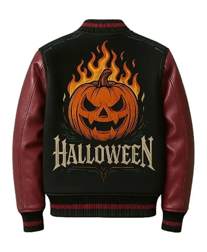 Buy Halloween Fiery Black and Brown Pumpkin Varsity Jacket