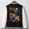 Buy Halloween Michael Myers Safety A Sitter’s Guide Black and White Varsity Jacket Back View