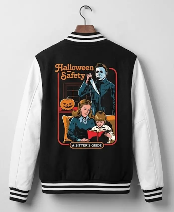 Buy Halloween Michael Myers Safety A Sitter’s Guide Black and White Varsity Jacket Back View