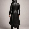 Buy Halloween x Gothic Black Leather Hooded Trench Costume Coat On Sale Back View