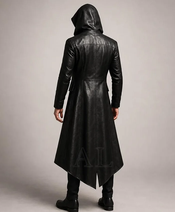 Buy Halloween x Gothic Black Leather Hooded Trench Costume Coat On Sale Back View