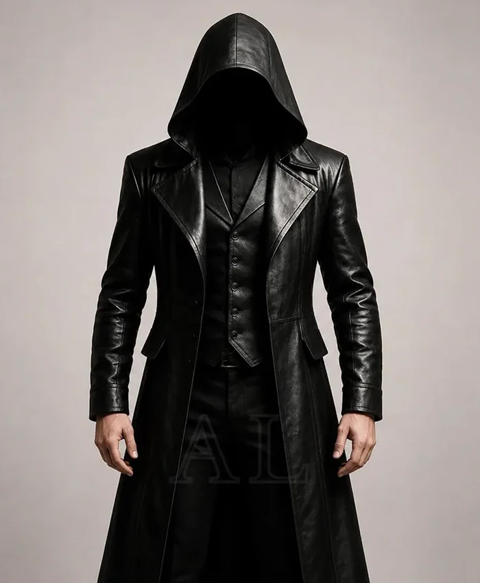Buy Halloween x Gothic Black Leather Hooded Trench Costume Coat On Sale