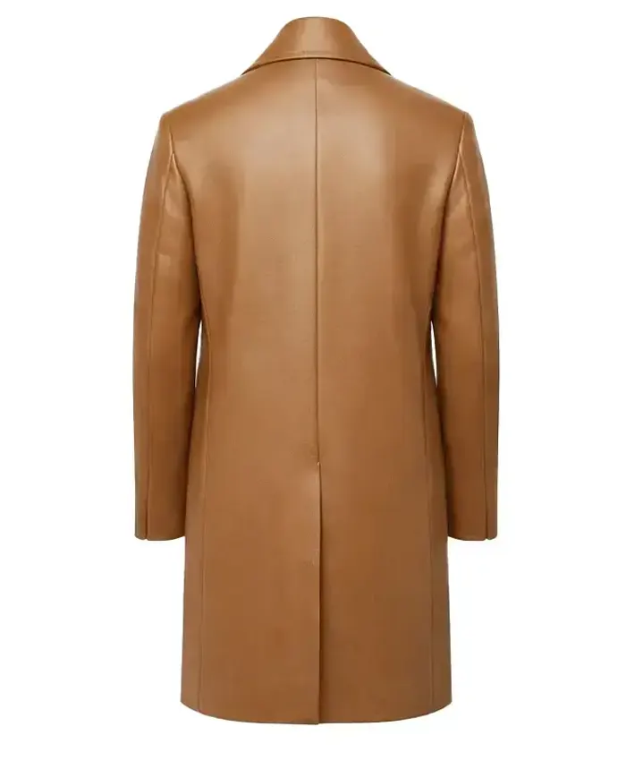 Buy Men’s Camel Double-Breasted Leather Overcoat For Sale
