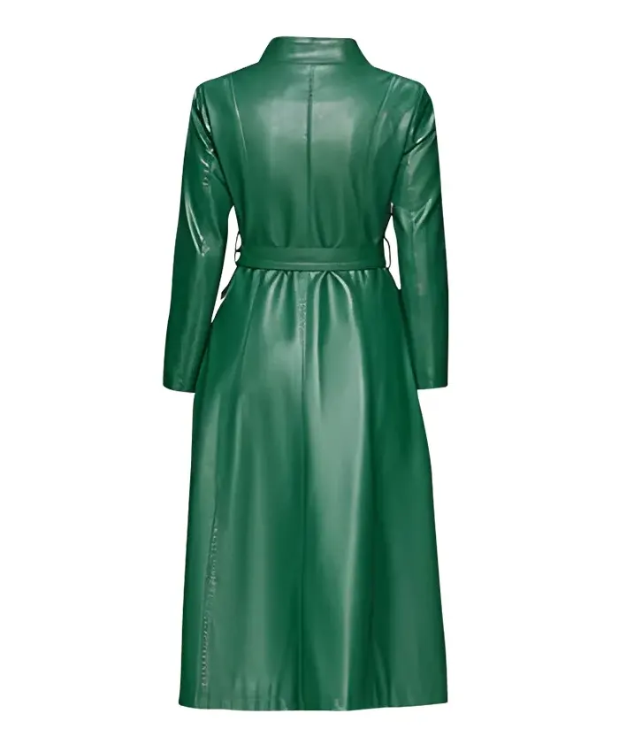 Buy Slim Fit Style Green Real Leather Long Coat For Women