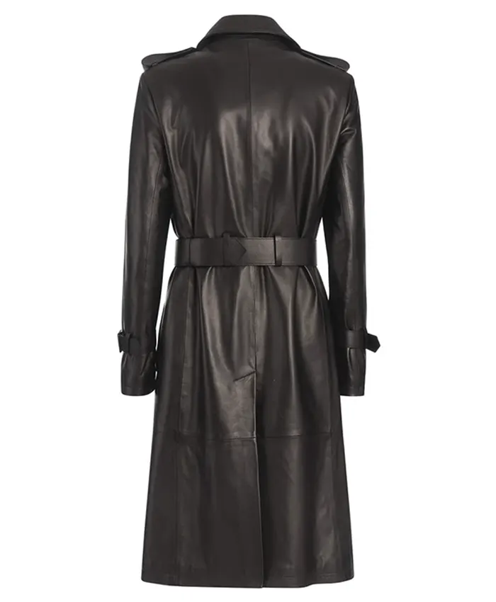 Buy Stylish Women's Black Leather Double Breasted Trench Coat