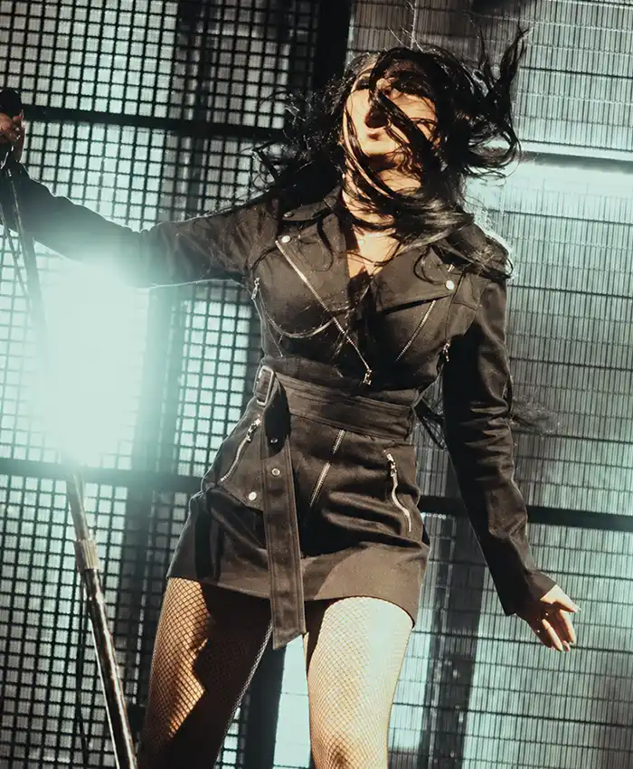 Charli XCX Outside Lands Concert 2026 Black Leather Biker Coat Front View