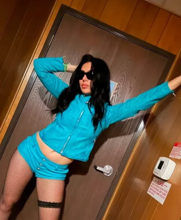 Charli XCX Outside Lands Concert 2026 Blue Leather Zip-up Jacket Front View