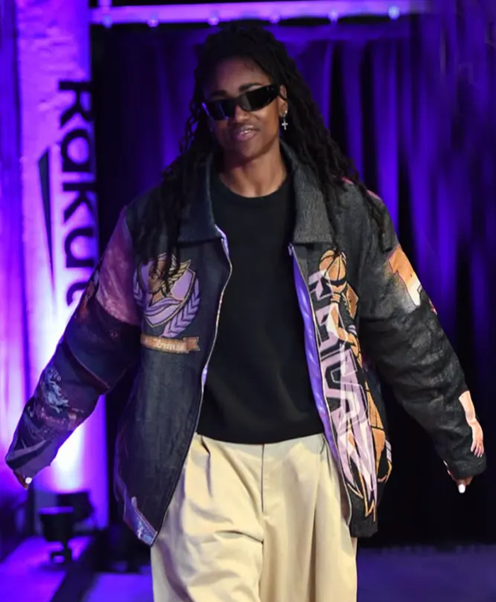 Close-up-of-WNBA-Golden-State-Valkyries-Tiffany-Hayes-Black-Cotton-Tapestry-Arrival-Jacket