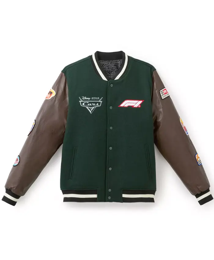 Disney x Formula 1 Lightning McQueen Green Brown Varsity Jacket