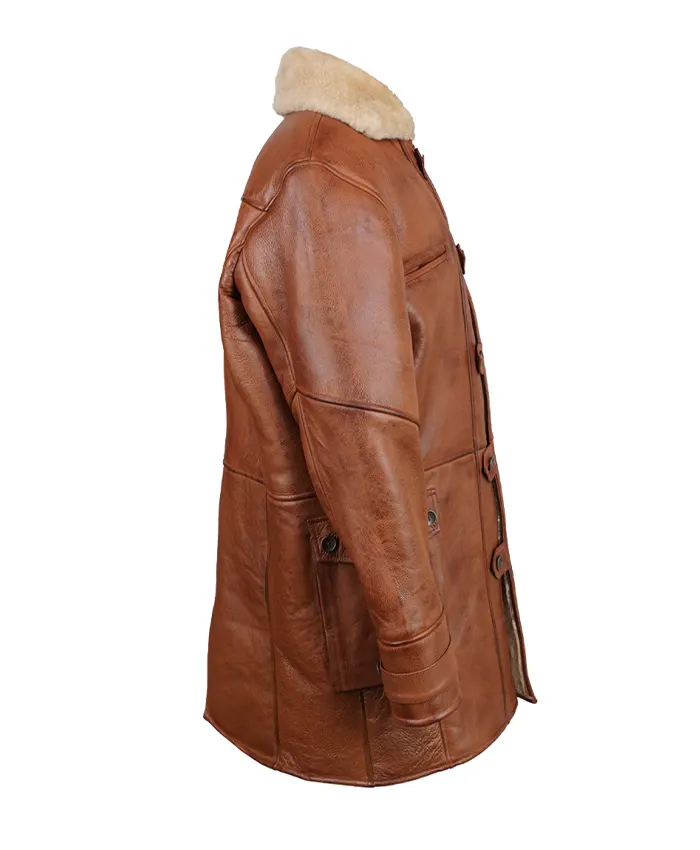 Distressed Brown Leather Shearling Lined Bane Coat