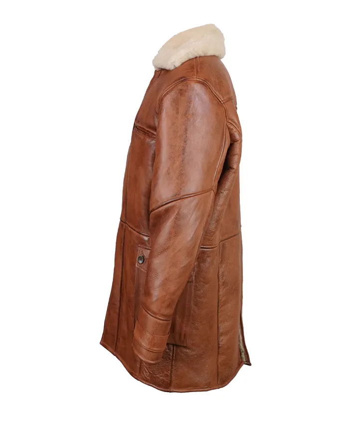 Distressed Brown Leather Shearling Lined Bane Long Coat For Sale