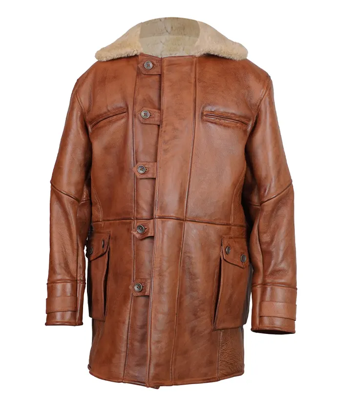 Distressed Brown Leather With Shearling Lined Bane Coat