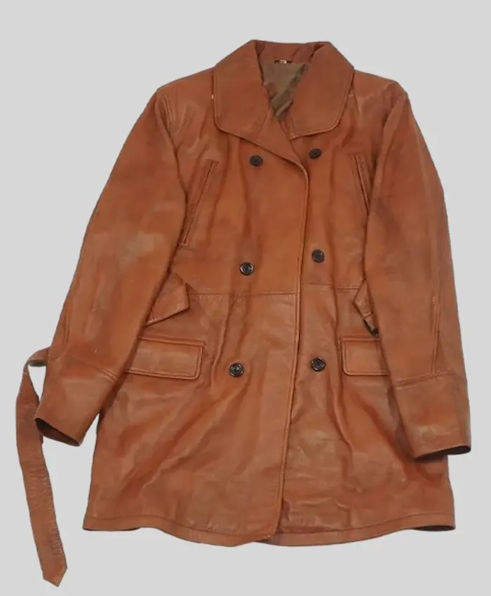 Double Breasted Tan Leather Long Jacket for Women