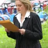 Elisabeth Moss NYC 2026 Tailored Fit Black Pinstripe Double Breasted Blazer