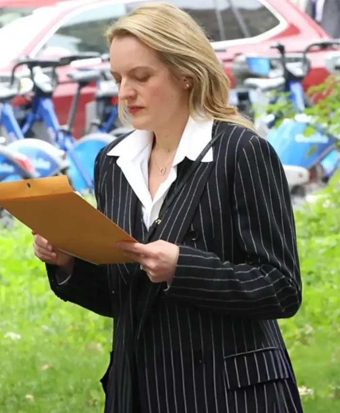 Elisabeth Moss NYC 2026 Tailored Fit Black Pinstripe Double Breasted Blazer