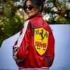 Ferrari Custom Red Leather Bomber Jacket For Women