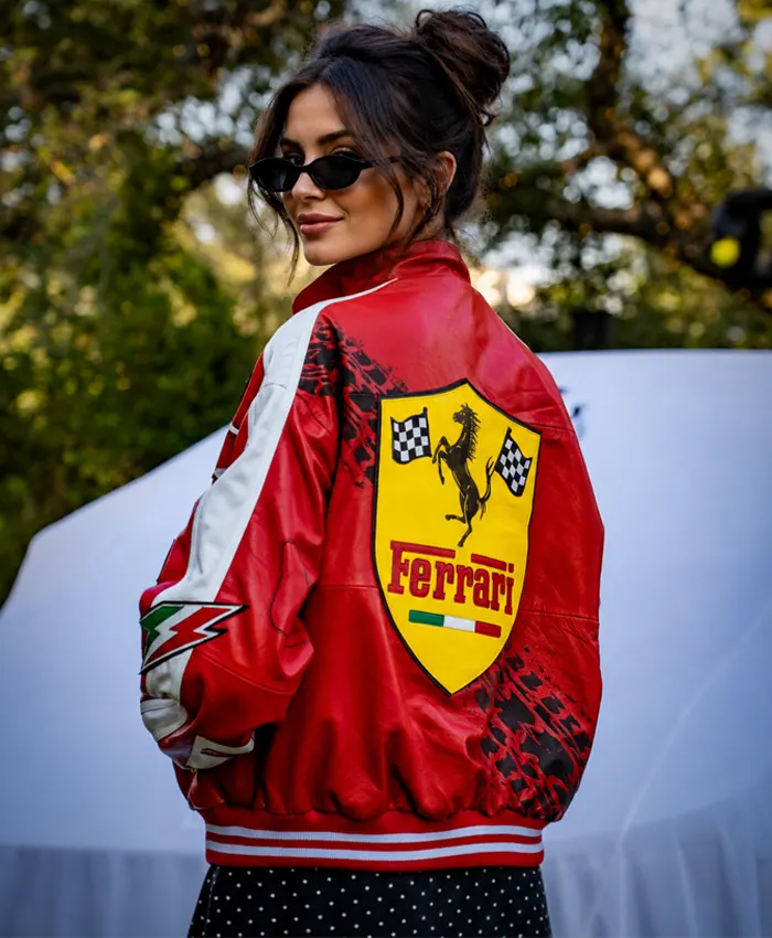 Ferrari Custom Red Leather Bomber Jacket For Women