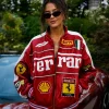 Ferrari Womens Custom Red Real Leather Bomber Full Zip Up Jacket