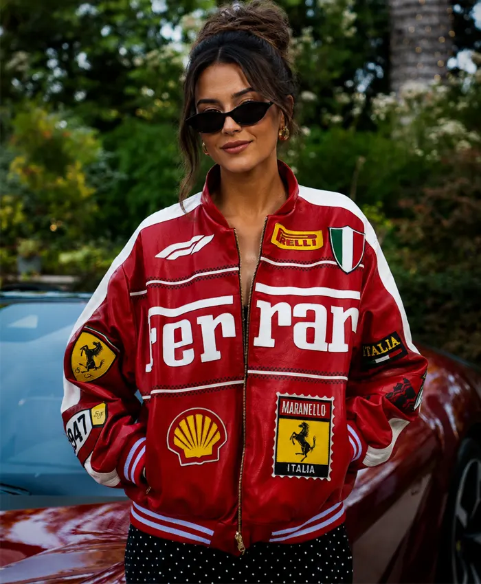 Ferrari Womens Custom Red Real Leather Bomber Full Zip Up Jacket