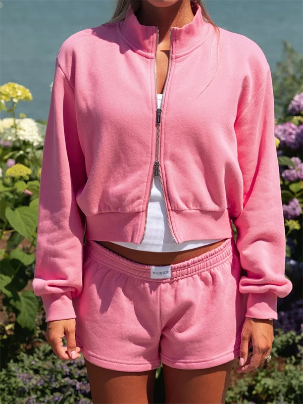 Get Parke x Maggie & Emma Pink Fleece Full Zip Up Mockneck Jacket Front View