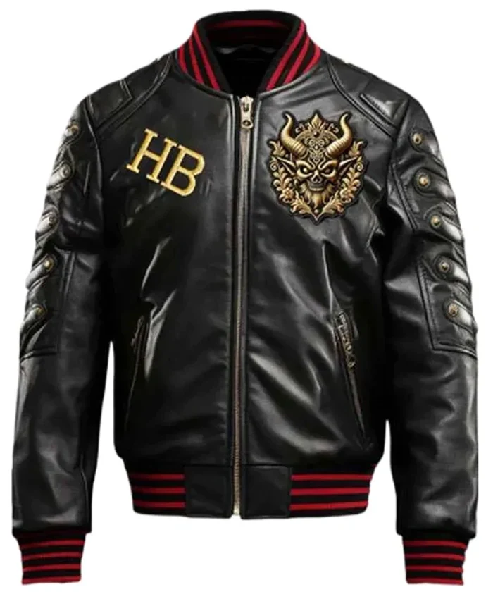 Gothic Devil Embroidery Halloween Black Leather Bomber Jacket On Sale
