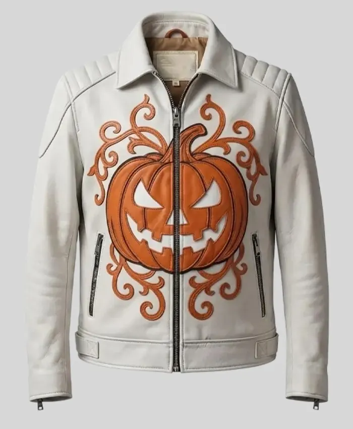 Halloween Embroidered Pumpkin Leather Jacket