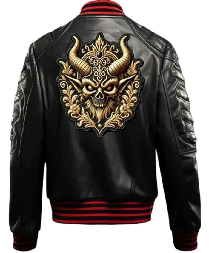 Halloween Gothic Devil Black Leather Bomber Jacket
