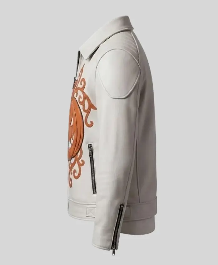 Halloween Pumpkin Embroidered Leather Jacket For Sale