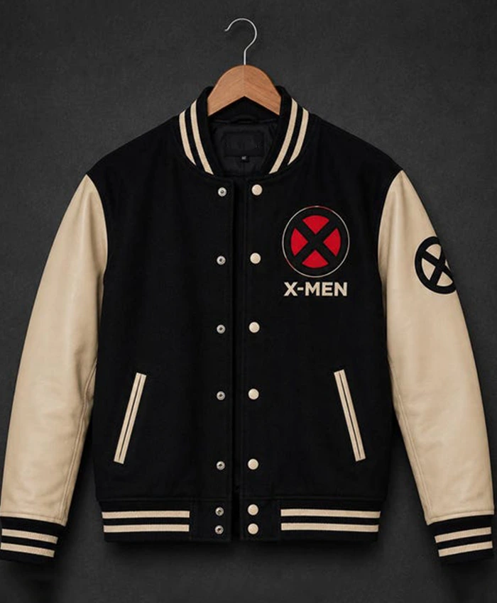 Halloween-X-Men-Loogo-Black-and-Beige-Varsity-Jacket-Front