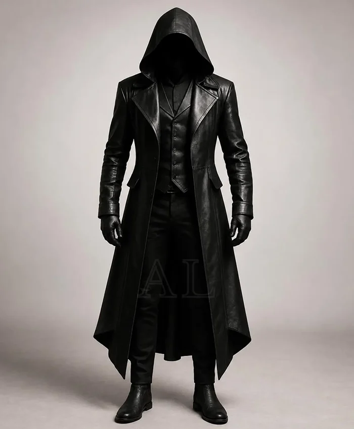 Halloween x Gothic Black Leather Hooded Trench Coat