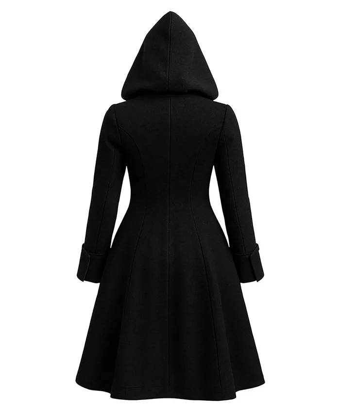 Halloween x Steampunk Gothic Black Wool Hooded Coat For Men and Women Back View