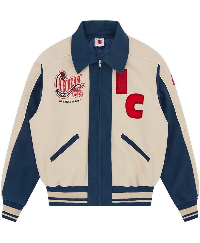 Icecream Checkout Varsity Jacket In White And Blue