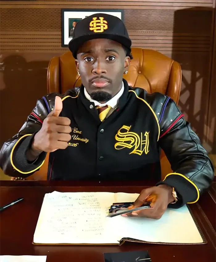 Kai Cenat Custom Streamer University Black Leather Sleeves Varsity Jacket