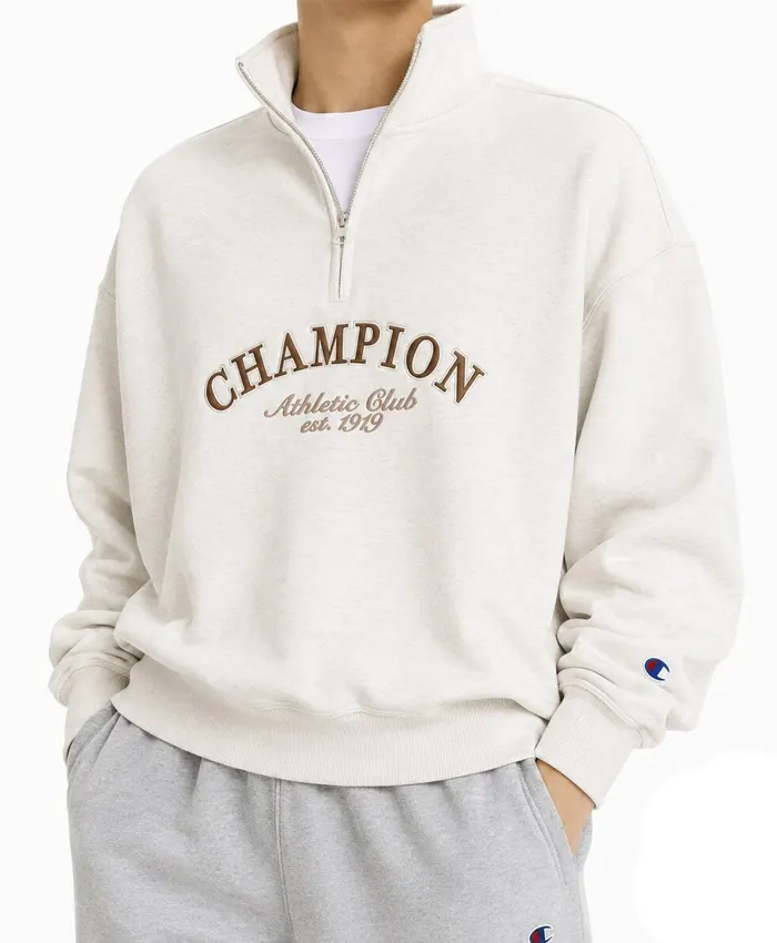 Kim-Taehyung-Champion-Club-Est.-1919-Off-White-Half-Zip-Pullover-Jacket-front-view