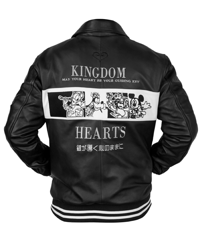 BoxLunch Kingdom Hearts leather jacket featuring classic collar and snap button closure