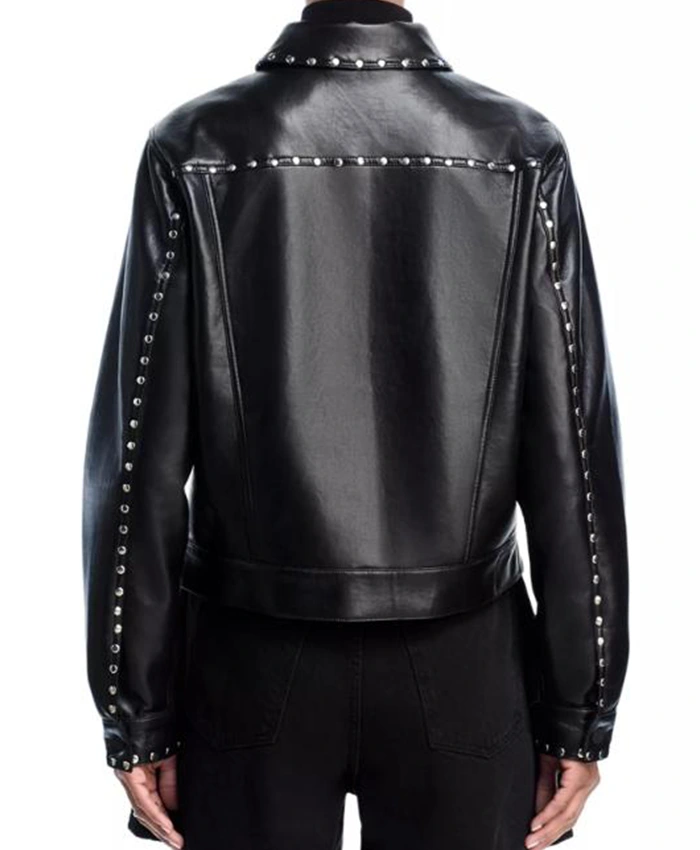 Lizzie Mathis TV Series Honest Renovations 2026 Studded Black Leather Jacket Back View