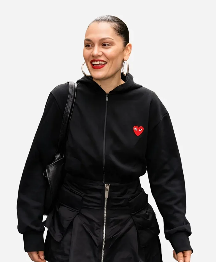 London Capital Breakfast Jessie J Red Heart and Black Hooded Jacket Front View