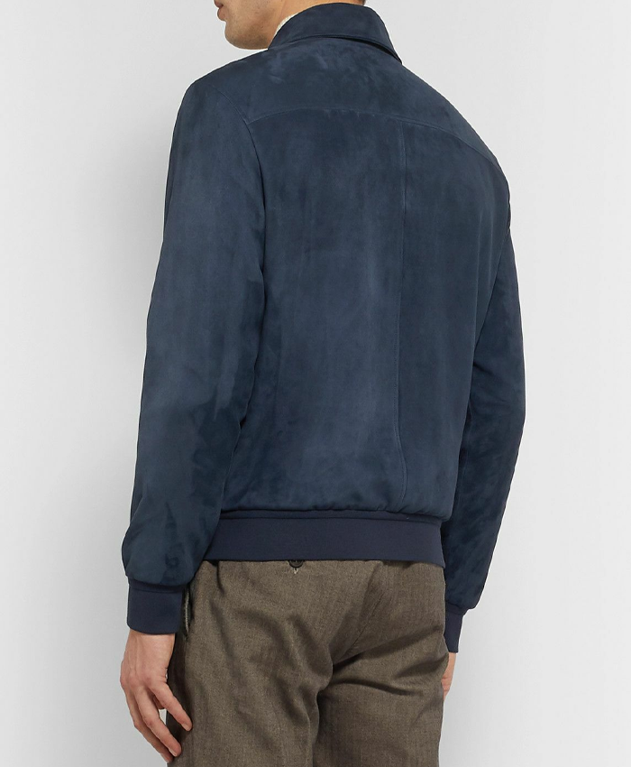 Loro Piana Blue Suede Leather Bomber Jacket Back