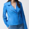 Melissa Peterman Movie All’s Fair in Love and Mahjong 2026 Blue Leather Moto Jacket Front