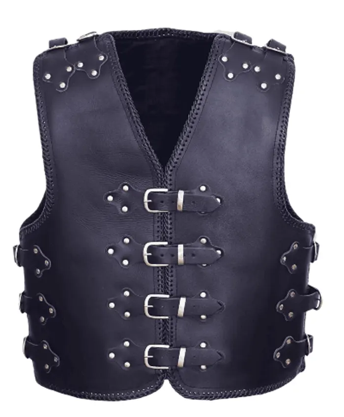 Mens-Adjustable-Buckles-Black-Leather-Vest