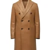 Men's Camel Double-Breasted Leather Overcoat