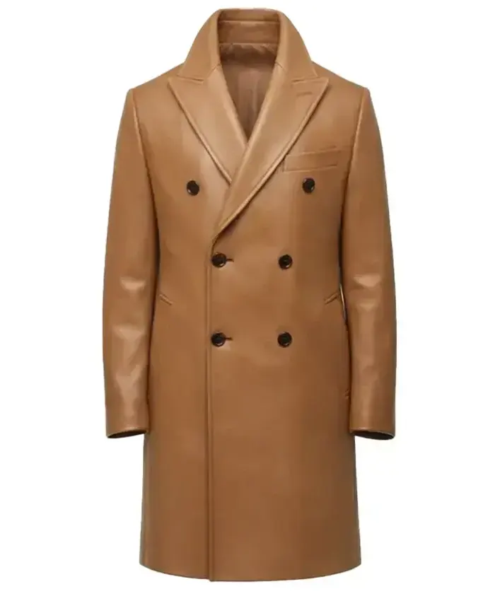 Men's Camel Double-Breasted Leather Overcoat