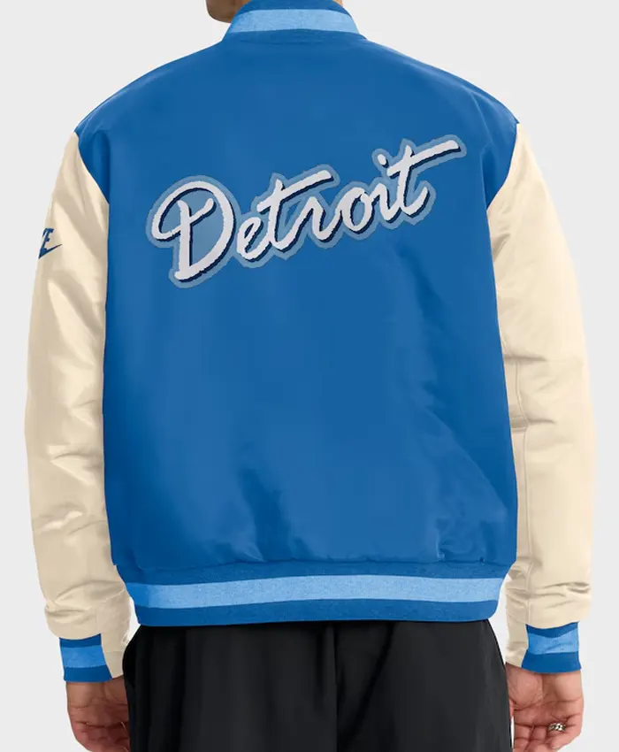 Men's Detroit Lions Nike Blue Cream Rewind Legacy Bomber Jacket Back