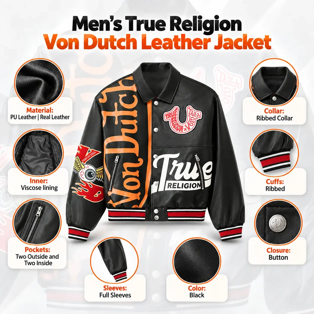 Men’s Von Dutch x True Religion Black Leather Bomber Jacket Infographic