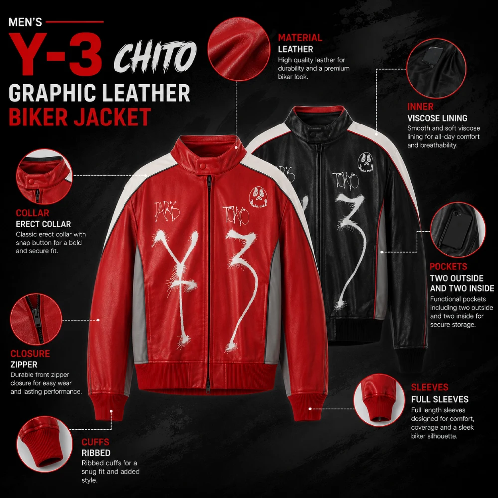 Men’s Y-3 Chito Graphic Leather Biker Jacket Infographic