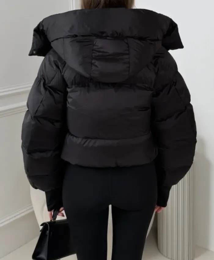 Mia Black Cropped Detachable Hood Puffer Jacket Back