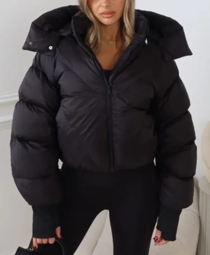 Mia Black Cropped Puffer Jacket With Detachable Hood