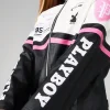 Missguided x Playboy Color Block Racing Moto Leather Jacket With Graphics